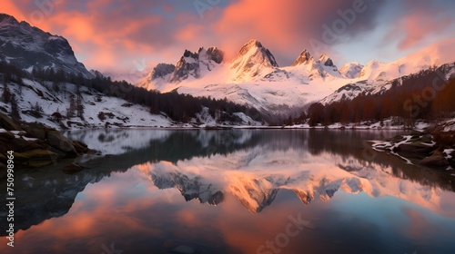 Panoramic view of snow capped mountains reflected in a lake at sunset © Iman