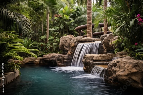 Villa Pool Paradise: Cascading Waterfall Features, Palm Trees, and Lounges