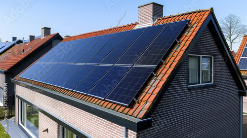 close up of roof with  black solar panels on the roof during spring in the Netherlands, zonnepanelen op dak, translation solar panels on roof	 photo