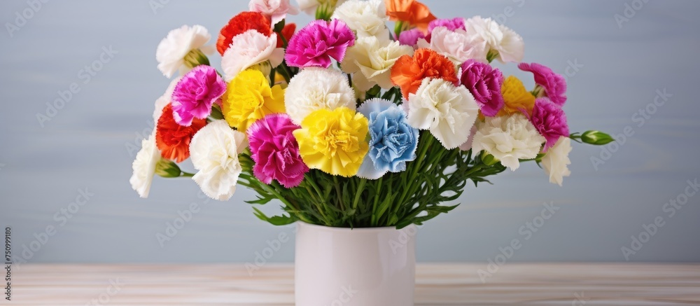 Obraz premium A white vase sits atop a table, filled with a vibrant array of colorful carnation flowers. The flowers stand out against the white background, creating a striking contrast.