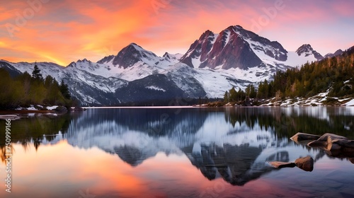 Panoramic view of snow covered mountains reflected in lake at sunset © Iman
