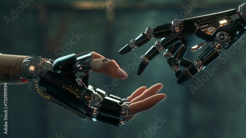 Hands of Robot and Human Touching. Virtual Reality or Artificial Technology Concept Illustration