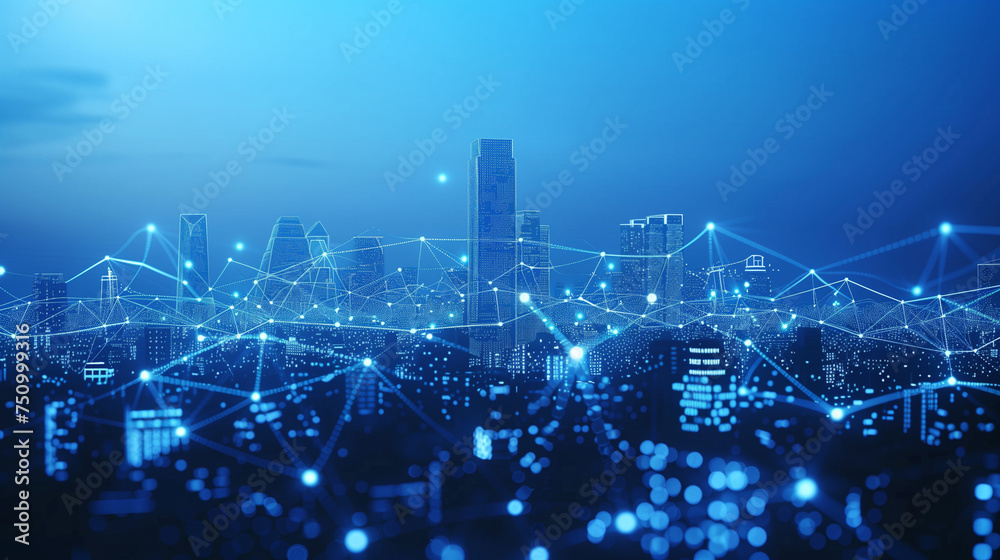 Smart city and abstract dot points connect with gradient lines and aesthetic Intricate wave line design, big data connection technology concept. AI modern buildings Smart city and abstract dot points connect with gradient lines and aesthetic Intricate wave line design, big data connection technology concept. AI modern buildings