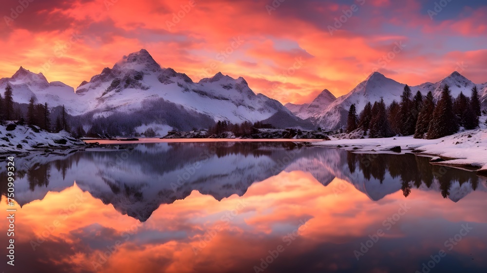 Panoramic view of the lake and mountains at sunset, Switzerland