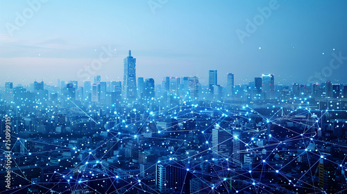 Smart city and communication network concept. 5G. IoT Internet of Things. Telecommunication, city skyline futuristic modern smart bouldings