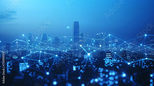 Smart city and abstract dot points connect with gradient lines and aesthetic Intricate wave line design  big data connection technology concept. AI modern buildings