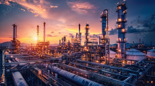 Oil refinery plant at sunset, The night view of petroleum and petrochemical factory with distillation column, photo