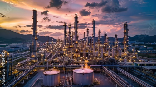 Oil refinery plant at sunset, The night view of petroleum and petrochemical factory with distillation column, photo
