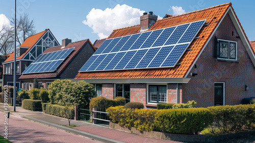 family homes with solar energy, street of houses with solar panels on the roof during spring in the Netherlands, zonnepanelen op dak, translation solar panels on roof	 photo