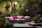 Chic Boho Terrace: Serene Rock Garden Oasis with Colorful Lanterns
