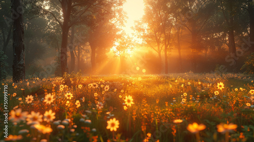 Forest and field at sunset.