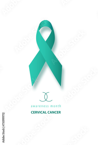 Vertical Banner with Cervical Cancer Awareness Realistic Green Ribbon. Design Template for Info-graphics or Websites Magazines. January is Cervical Cancer Awareness Month, vector isolated on white 