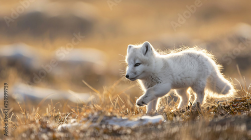 A fluffy baby arctic fox frolicking in the tundra