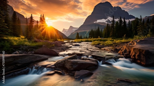 Panoramic view of a mountain river in Glacier National Park, Montana.