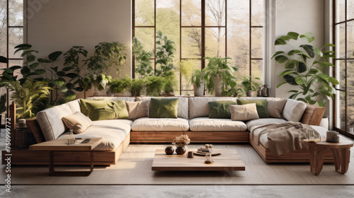 A stylish living room with a Biophilic design, boasting wood accents, natural textures, and an abundance of greenery