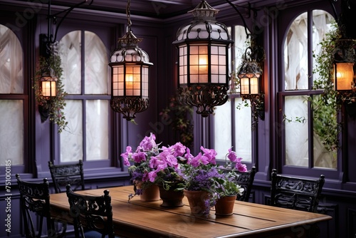 Retro Chic Dining Area: Lavender & Rose Planters, Ornate Ironwork, Retro Lighting Fixtures
