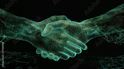 Two wire frame glowing hands, handshake, technology,