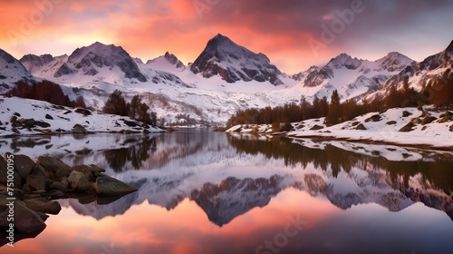 Panoramic view of snow covered mountains and lake at sunset.