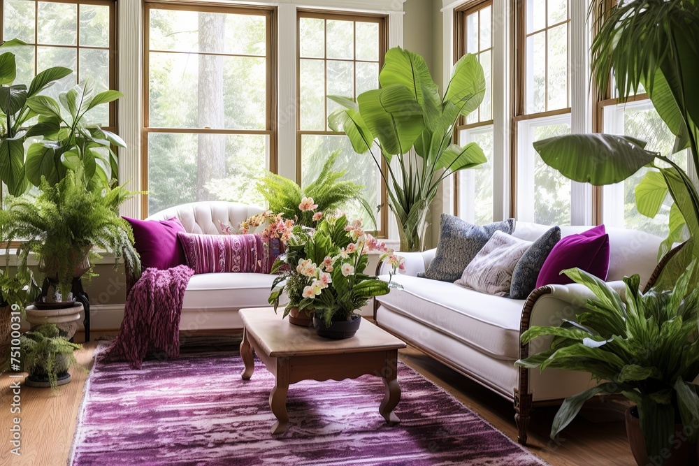 Chic Greenery Haven: Fern and Orchid Displays, Bohemian Rug Elegance
