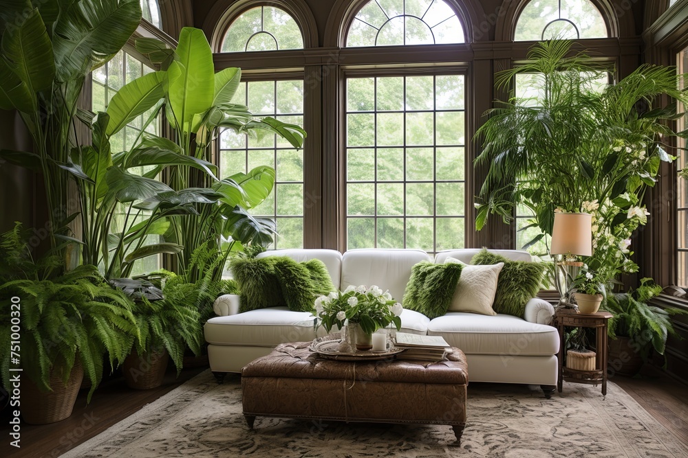 Lush Fern and Orchid Bohemian Chic Living Room with Greenery Rug