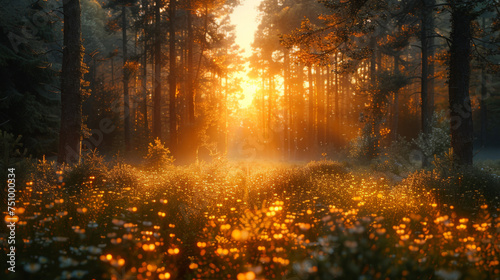 Forest and field at sunset.