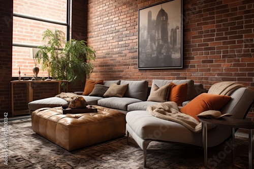 Cozy Chic: Exposed Brick Living Room Oasis with Plush Seating