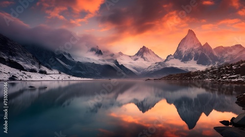 Panoramic view of snow capped mountain peaks reflected in lake at sunset