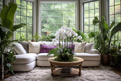 Chic Living Room: Lush Fern and Orchid Displays with Bohemian Rug