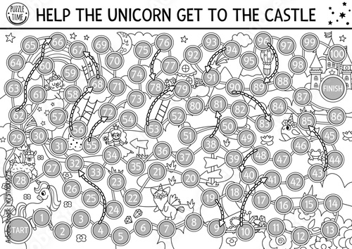 Unicorn black and white dice board game for children with animals, fairy, rainbow, castle. Fairytale line boardgame with fantasy landscape.  Magic world printable activity, worksheet, coloring page .