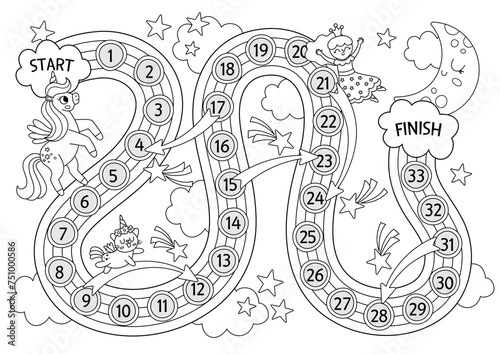 Unicorn black and white dice board game for children shaped as rainbow. Fairytale line boardgame with fantasy animals, fairy, moon, stars.  Magic world printable activity, worksheet, coloring page .