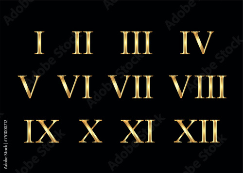 Gold Roman Numerals set collection isolated on black background. Elegant ancient number font 1 to 12 old golden luxury math for templates and  counting. Vector shimmy metal retro style