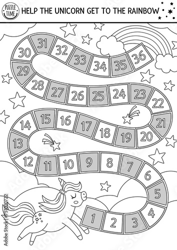 Unicorn black and white dice board game with cute rainbow and falling stars. Fairytale boardgame with fantasy animal, sky, clouds.  Magic world printable line activity, worksheet, coloring page .