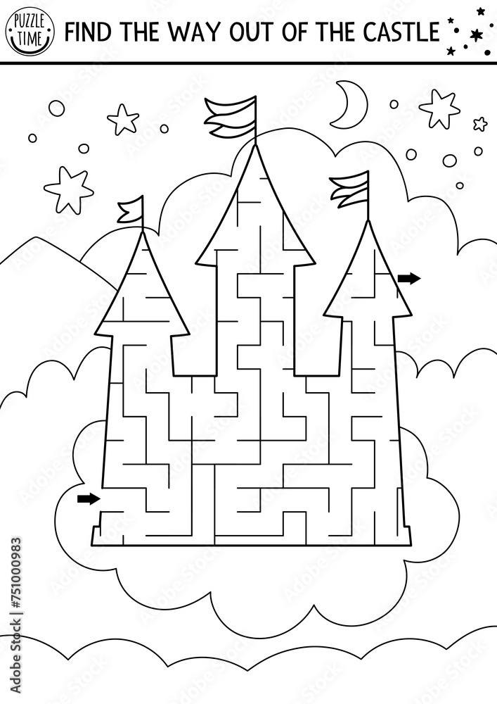 Fairytale black and white geometrical maze for kids. Preschool line printable activity shaped as unicorn castle on cloud with sky, stars, moon. Magic or fantasy labyrinth game puzzle, coloring page.