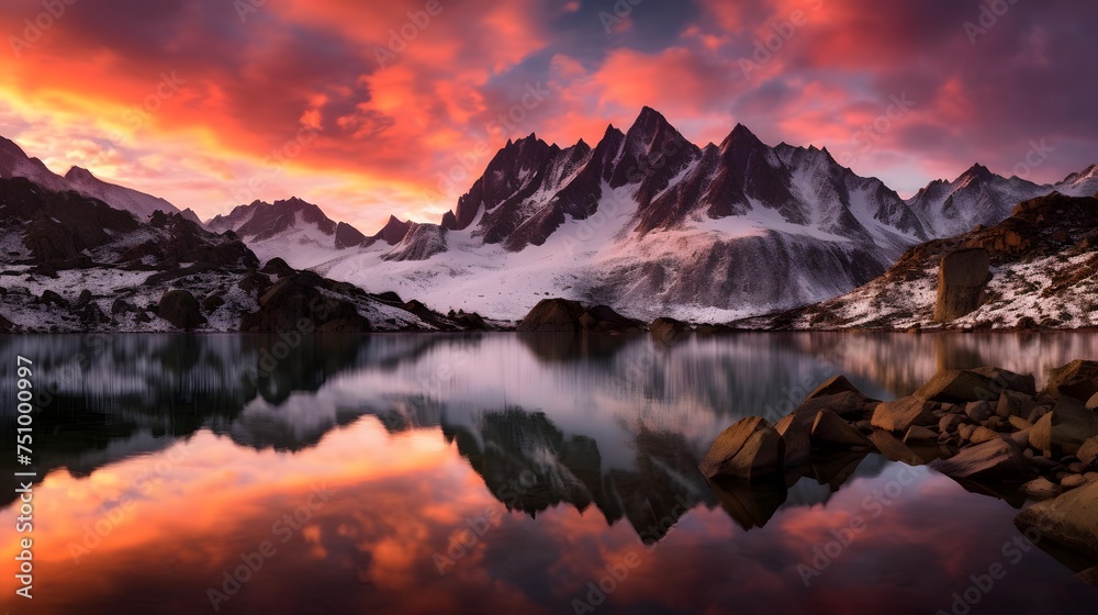 Beautiful panoramic view of snowy mountains and lake at sunset