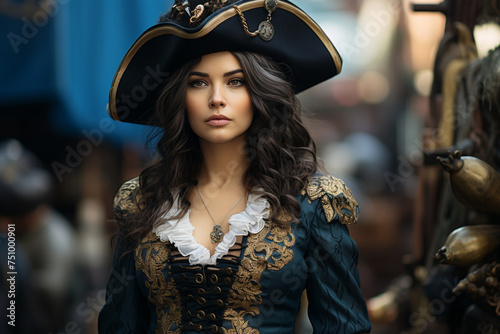 Female pirate ancient times, sea, ocean, ship, hat, saber, woman girl lady beautiful pretty cute dressed elegance, old time, maritime robbery. photo