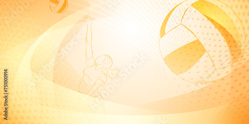 Volleyball themed background in yellow tones with abstract lines, curves and dots, with a female volleyball player hitting the ball