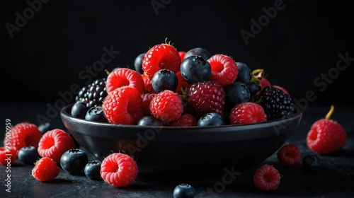 raspberries and blueberries and berries in a bowl photo