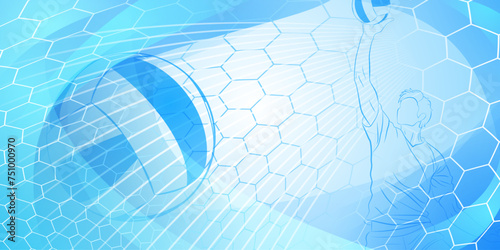 Volleyball themed background in blue tones with abstract meshes, curves and lines, with a male volleyball player hitting the ball