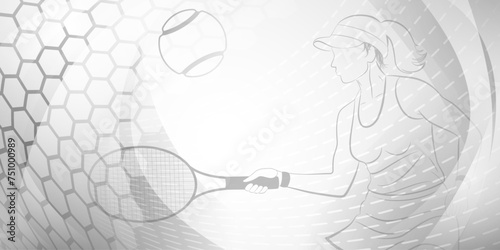 Tennis themed background in gray tones with abstract meshes, curves and dotted lines, with a female tennis player in action, swinging a racket to hit the ball away