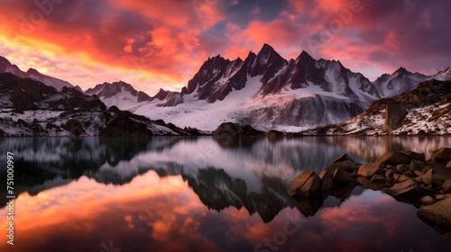 Beautiful panoramic view of snowy mountains and lake at sunset © Iman