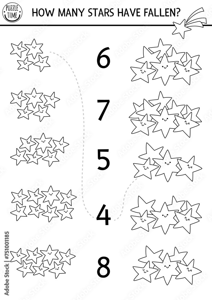 Black and white match the numbers unicorn game with smiling fallen stars. Magic, fairytale or space line math activity for preschool kids. Fantasy world educational counting worksheet, coloring page.