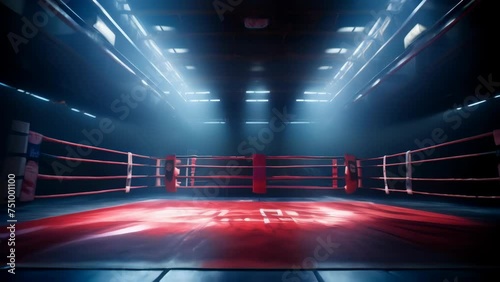 Empty lit boxing ring in a dark, spacious arena. Atmosphere is intense and anticipatory. Concept of Boxing Matches, Training Sessions, Sports Events, Competition, Combat Sports. Motion. Copy space photo