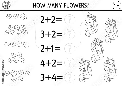 Black and white how many flowers game with cute unicorn head. Magic, fairytale line math addition activity. Simple fantasy world printable counting worksheet or coloring page for kids.