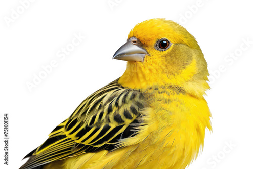 Canary bird in full plumage, high quality stock photograph, isolated against a pure white background, showcasing its vibrant yellow feathers, beak sharp and eyes clear