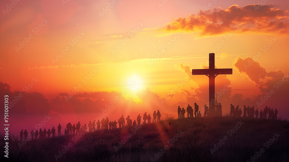 Silhouette of a cross and people symbolizing religion faith and beliefs - obrazy, fototapety, plakaty 
