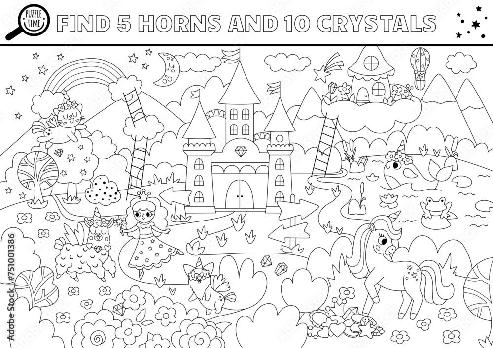 Vector black and white unicorn searching game with magic village landscape. Spot hidden crystals and horns. Fantasy or fairytale world seek and find printable activity or coloring page for kids.