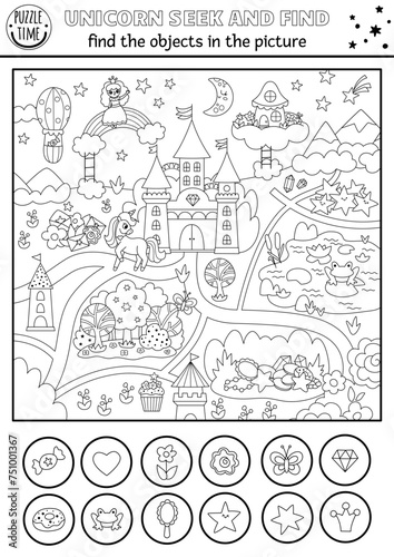 Unicorn vector searching game with magic village landscape. Spot hidden objects. Black and white fairytale world seek and find printable activity or coloring page for kids with castle, rainbow.