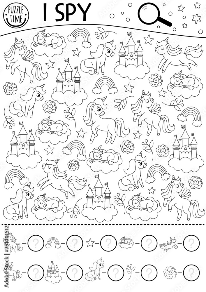 Unicorn black and white I spy game for kids. Searching and counting activity with rainbow, castle, star, clouds. Magic, fantasy world printable worksheet or coloring page. Fairytale spotting puzzle.
