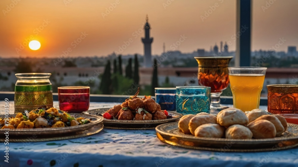 Fototapeta premium holy Ramadan iftar foods in a table at sunset time background photo