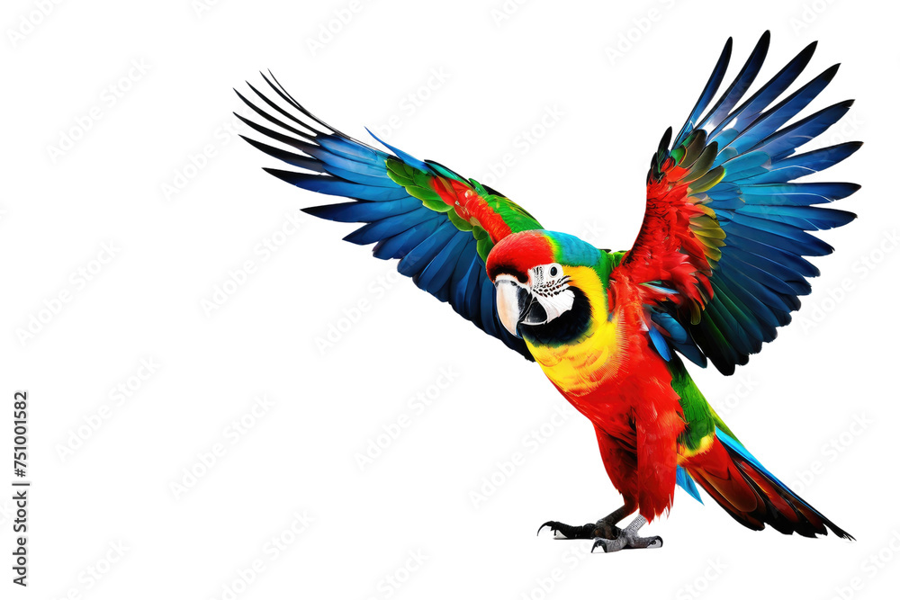 Fototapeta premium Colorful parrot in full body view, centered, isolated on a stark white background, feathers vibrant with hues of blue, red, yellow and green, tail feathers elegantly spread, eyes lively and curious